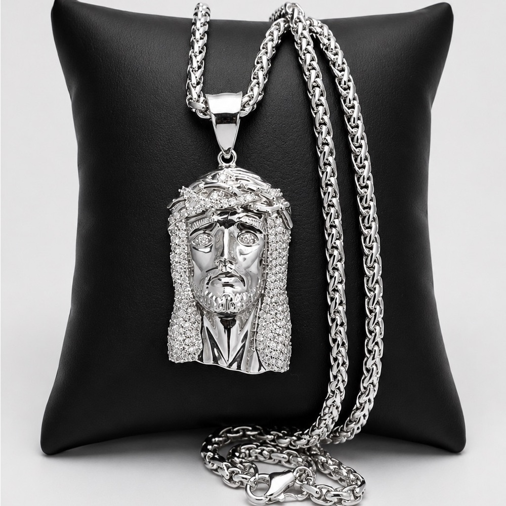 925 Sterling Silver 1.88CT MOISSANITE Jesus Pendant Men’s Necklace 22”